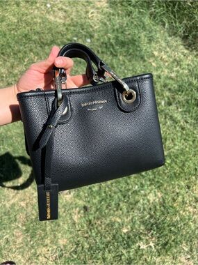 Emporio Armani Black Pebbled Leather Satchel with Gold Hardware